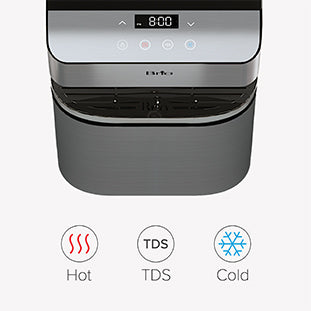 Top view of a water dispenser with a digital display, touch buttons, and three icons below labeled Hot (with red waves), TDS, and Cold (with a blue snowflake).